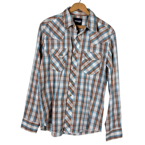 Vtg Wrangler Pearl Snap Shirt Medium Mens Western Wear Blue Brown Plaid Rodeo - Picture 1 of 6